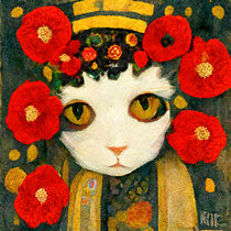 Portrait of a kitten with red poppies around. Art Nouveau painting. by havelmomente