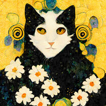 Katze mit Blumen vor goldenem Hintergrund. Gemalt. by havelmomente