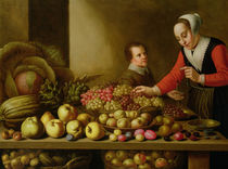 Girl selling grapes from a large table laden with fruit and vegetables  von Floris van Schooten