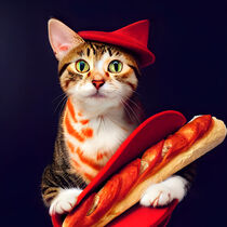 Oscar - Cat with a red hat holding a baguette #1 by Digital Art Factory