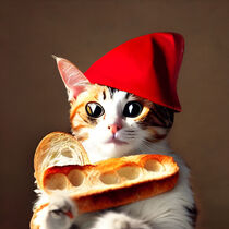 Finn - Cat with a red hat holding a baguette #2 von Digital Art Factory