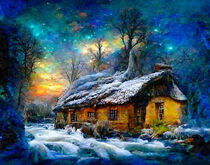 Fantasy landscape in winter. Small cottage on the riverbank with snow. Northern lights in the sky. by havelmomente