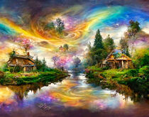 Fantasy Cottage am Bach im Sommer. Regenbogenfarben am Himmel spiegeln sich im Wasser. von havelmomente