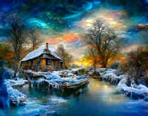 Fantasy landscape in winter. Small cottage on the riverbank with snow. Northern lights in the sky. by havelmomente