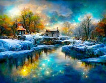Fantasie Landschaft im Winter. Kleines Häuschen am Flussufer mit Schnee. Nordlichter am Himmel. by havelmomente