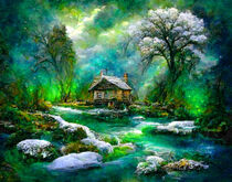 Fantasy cottage by the stream in early spring. Snow still lies but the trees are turning green. Hoarfrost on the branches. Northern lights.  by havelmomente