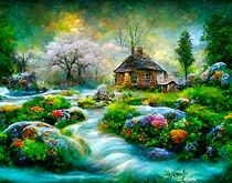 Fantasy landscape in spring. Small cottage on the riverbank with spring flowers. Northern lights in the sky. by havelmomente