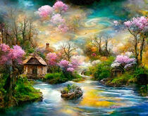 Fantasy cottage by the stream with flowering cherry trees and rhododendrons. Colourful sky reflected in the river. von havelmomente