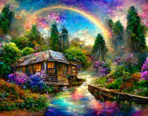Fantasy Cottage by the stream with rainbow over the forest, butterflies flying von havelmomente