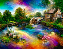 Fantasy landscape in summer. Water mill at the pond. Rainbow reflected in the water.  by havelmomente