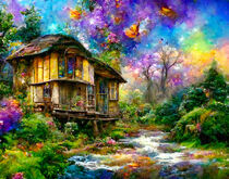Fantasy landscape with cottages on the river bank. Summer. Colourful butterflies fly around. von havelmomente
