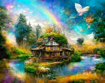 Fantasy landscape with cottages and pond landscape. Butterflies fly around. by havelmomente