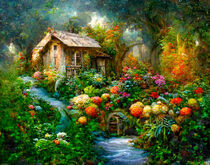 Fantasy landscape with cottages and lush garden. Fruit and flowers are overflowing. Fantasy motif von havelmomente