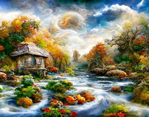 Fantasy landscape with cottages by the river. Beginning of autumn. Morning mist drifts over the slopes. Fantasy Fantasy motif by havelmomente