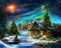 Winter landscape at Christmas time. Old wooden house with Christmas tree. Northern lights on sky. by havelmomente