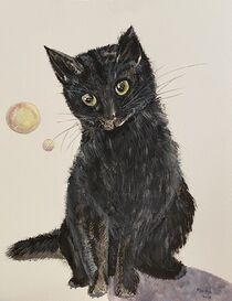 Black cat with bubbles by Myungja Anna Koh