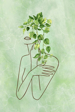 Woman-with-green-leaves-abstract-line-art-01a