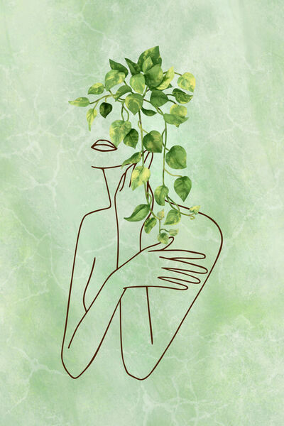 Woman-with-green-leaves-abstract-line-art-01a
