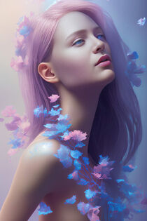 Gorgeous Girl With Pink Hair And Blue Petals by ravadineum