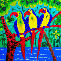 Three Colorful Parrots in cartoon style