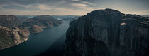 Panorama landscape of Preikestolen rock with view into Lysefjord in Norway by Bastian Linder