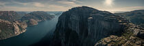 Panorama landscape of Preikestolen rock with view into Lysefjord in Norway by Bastian Linder