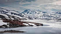 Snowy and icy landscape of Hardangervidda with mountains and lake in Norway by Bastian Linder