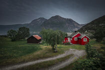Red houses at the waterfront of Eidfjord in Norway von Bastian Linder
