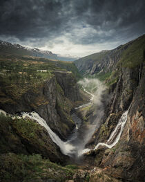 Voringsfossen waterfall in a valley at Hardangervidda National Park from above in Norway by Bastian Linder