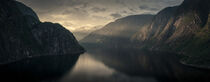 Sunset in the fjord and mountain landscape Eidfjord in Norway from above by Bastian Linder