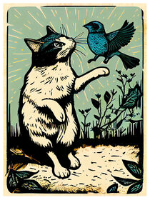 Linolschnitt. Katze und Vogel im Garten. von havelmomente