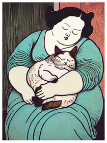 Linolschnitt. Dicke Frau mit dicker Katze auf dem Arm. Schlafen. von havelmomente