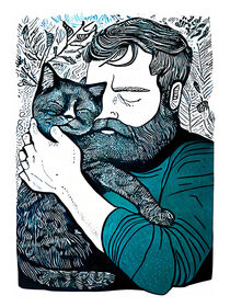 Mann mit Katze auf dem Arm. Linolschnitt von havelmomente