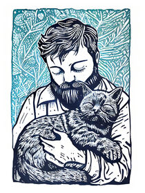 Bärtiger Mann mit Katze auf dem Arm. Linolschnitt von havelmomente