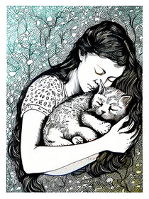 Frau mit Katze auf dem Arm. Linolschnitt. by havelmomente
