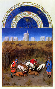 Fascimile of December: hunting wild boar by Limbourg Brothers