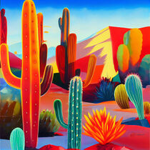 Desert Bloom: A Vibrant painting, Sunset on Cactus Plateaus by fachtali