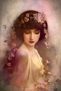 Vintage Style Portrait of Beautiful Woman with Flowers