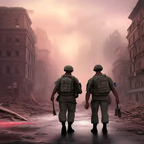 Two soldiers on patrol advancing through a city in ruins by Luigi Petro