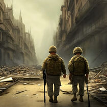 Two soldiers on patrol advancing through a city in ruins. by Luigi Petro