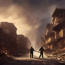 Two soldiers on patrol advancing through a city in ruins by Luigi Petro