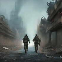 Two soldiers on patrol advancing through a city in ruins. by Luigi Petro