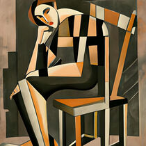 Woman sitting working on a chair, cubism style by Luigi Petro