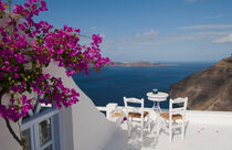 Santorini, Greece in Greek Islands. Chairs, table and climbing flowers on terrace. Bill Bachmann / Danita Delimont by Danita Delimont