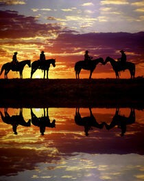 Silhouettes and reflection of horse riders at sunset. Jaynes Gallery / Danita Delimont by Danita Delimont