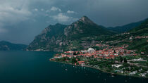 Mountain panorama at Lake Iseo with mountains and village Marone from above, Italy by Bastian Linder
