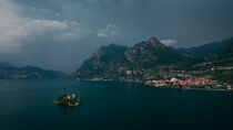 Mountain panorama with Isola di Loreto at Lake Iseo with mountains and village Marone from above, Italy by Bastian Linder