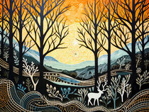 Abstract winter landscape in linoleum style with white deer by havelmomente