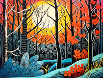 Wintersun in forest. Abstract linoleum landscape by havelmomente
