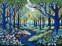 Springtime forest with deer a path. Abstract linoleum. by havelmomente